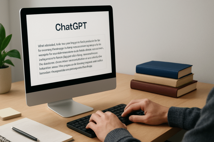 A person writing an AI prompt in a modern workspace using ChatGPT or Claude