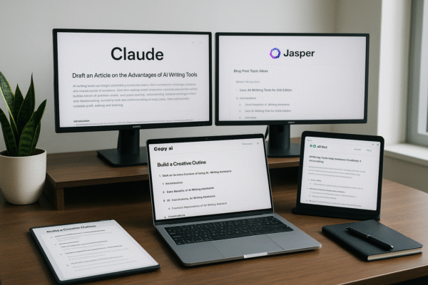 Best AI writing tools like Claude, Jasper, and QuillBot open on screen