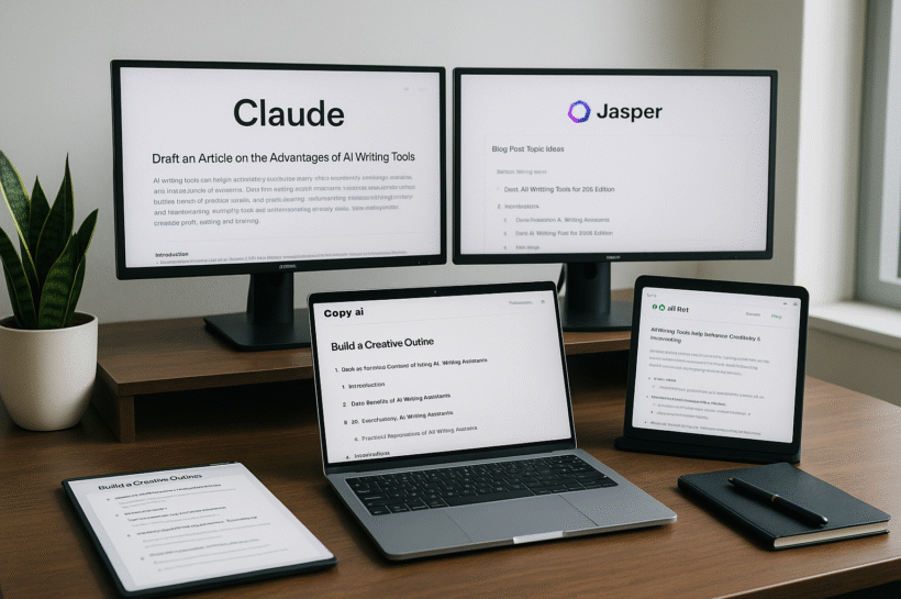 Best AI writing tools like Claude, Jasper, and QuillBot open on screen