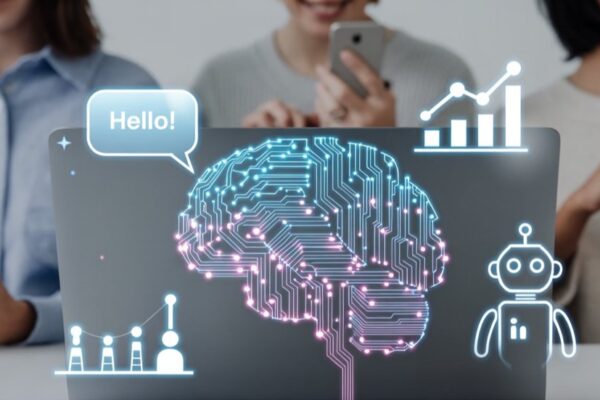 Futuristic illustration of AI tools like virtual assistants and smart apps helping people with daily tasks.