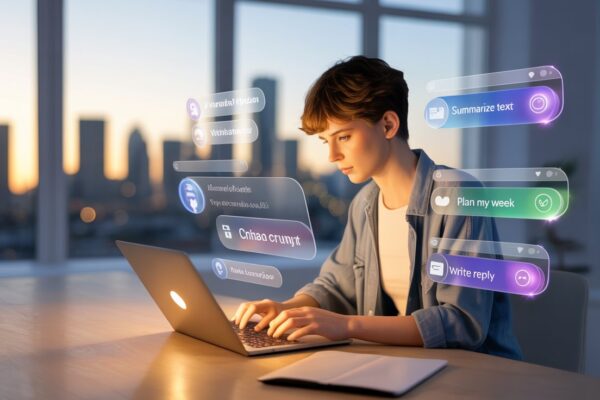 Person using ChatGPT with floating text prompts like “Summarize,” “Plan Schedule,” and “Write Email” on a digital screen.